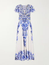 Embellished printed ruffled silk-crepe midi dress