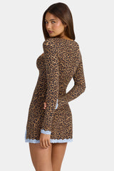 Modal Lace-Trim Long-Sleeve Mini Dress in Leopard