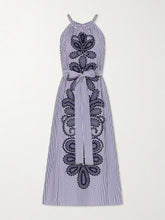 Belted striped embroidered cotton-poplin halterneck midi dress