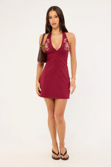 Motel Hepzhi Mini Dress Burgundy Floral Embroidery