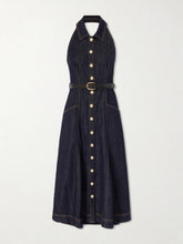Belted halterneck denim midi dress