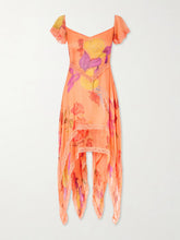 Guava Flores ruffled asymmetric lace-trimmed silk-chiffon midi dress