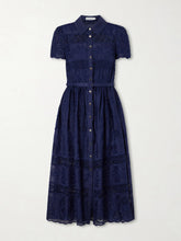 Belted embroidered lace-trimmed ramie midi dress