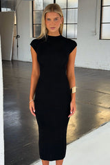 Quinn High Neck Knit Midi Dress - Black
