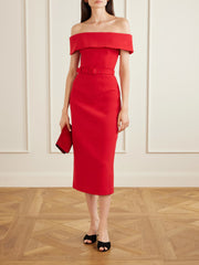 Precious off-the-shoulder belted crepe midi dress