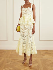Belted lace peplum midi dress