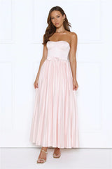 Glossed Over Strapless Satin Pleated Maxi Dress Pink