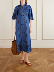 Aster embroidered denim midi dress