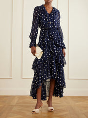 Ruffled tiered polka-dot georgette midi dress