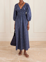 Shirred paisley-print organic cotton midi dress