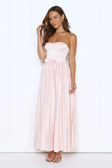 Glossed Over Strapless Satin Pleated Maxi Dress Pink