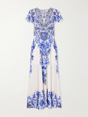 Embellished printed ruffled silk-crepe midi dress