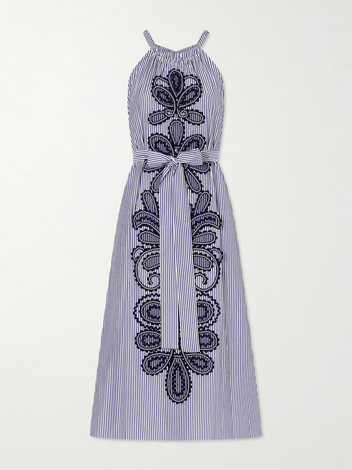 Belted striped embroidered cotton-poplin halterneck midi dress