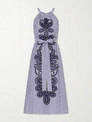 Belted striped embroidered cotton-poplin halterneck midi dress