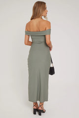 Luck & Trouble Off Shoulder Maxi Dress Khaki Green
