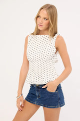 Luck & Trouble Andie Ruched Tie Top White Polka