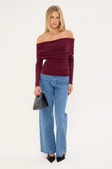 Luck & Trouble Bella Off Shoulder Long Sleeve Top Burgundy