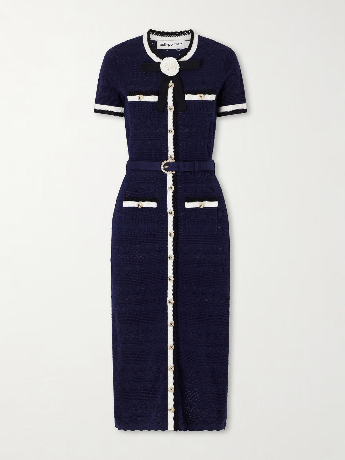 Embellished bow-detailed pointelle-knit cotton-blend midi dress
