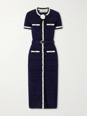 Embellished bow-detailed pointelle-knit cotton-blend midi dress