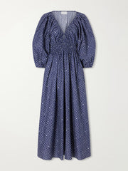 Shirred paisley-print organic cotton midi dress