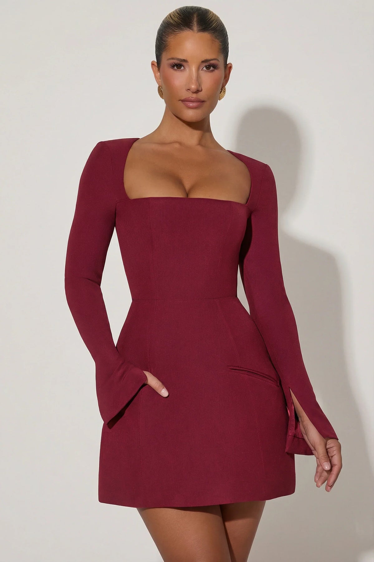 Square-Neck Structured Tulip Mini Dress in Wine Red